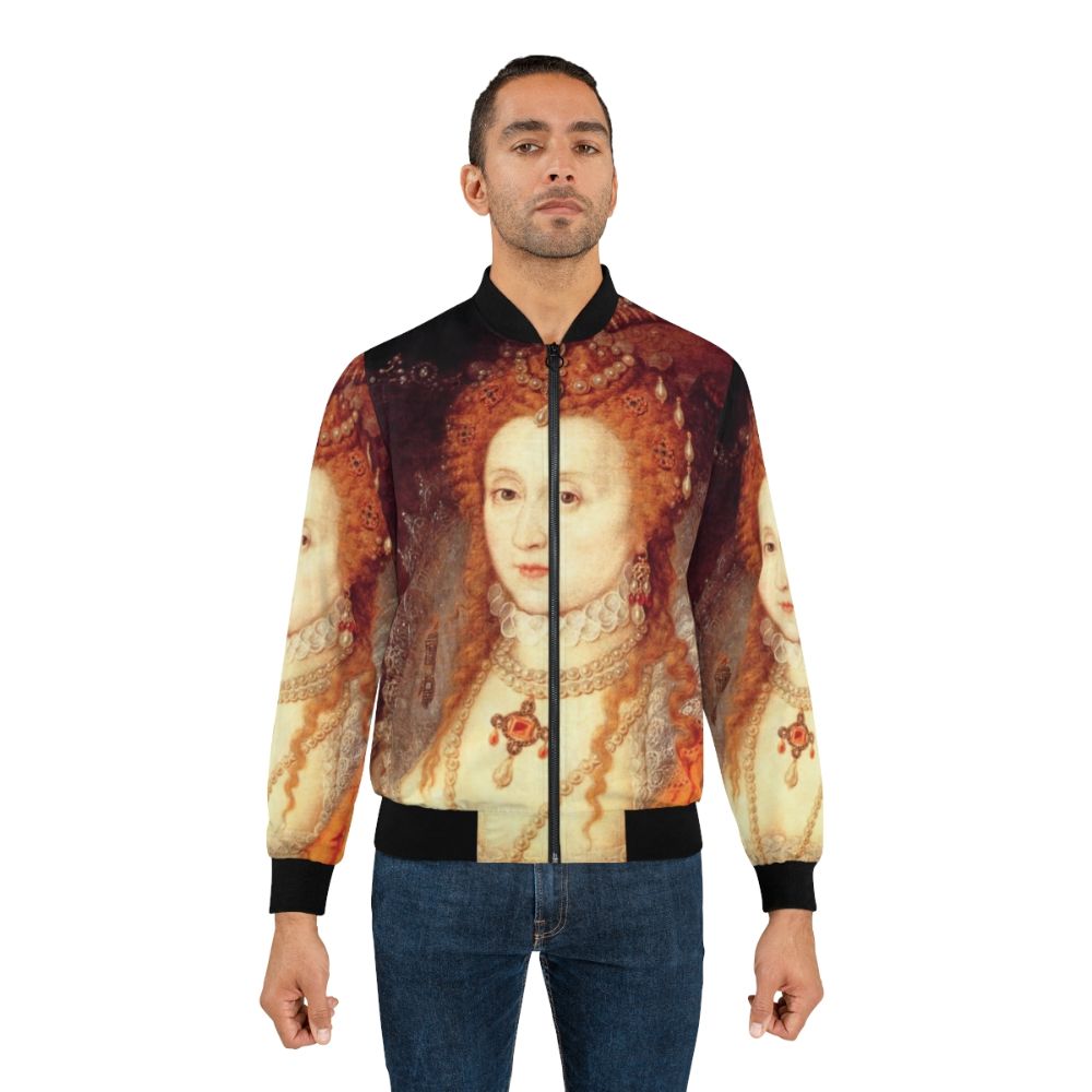 Elizabethan Portrait Bomber Jacket featuring a portrait of Queen Elizabeth I - Lifestyle