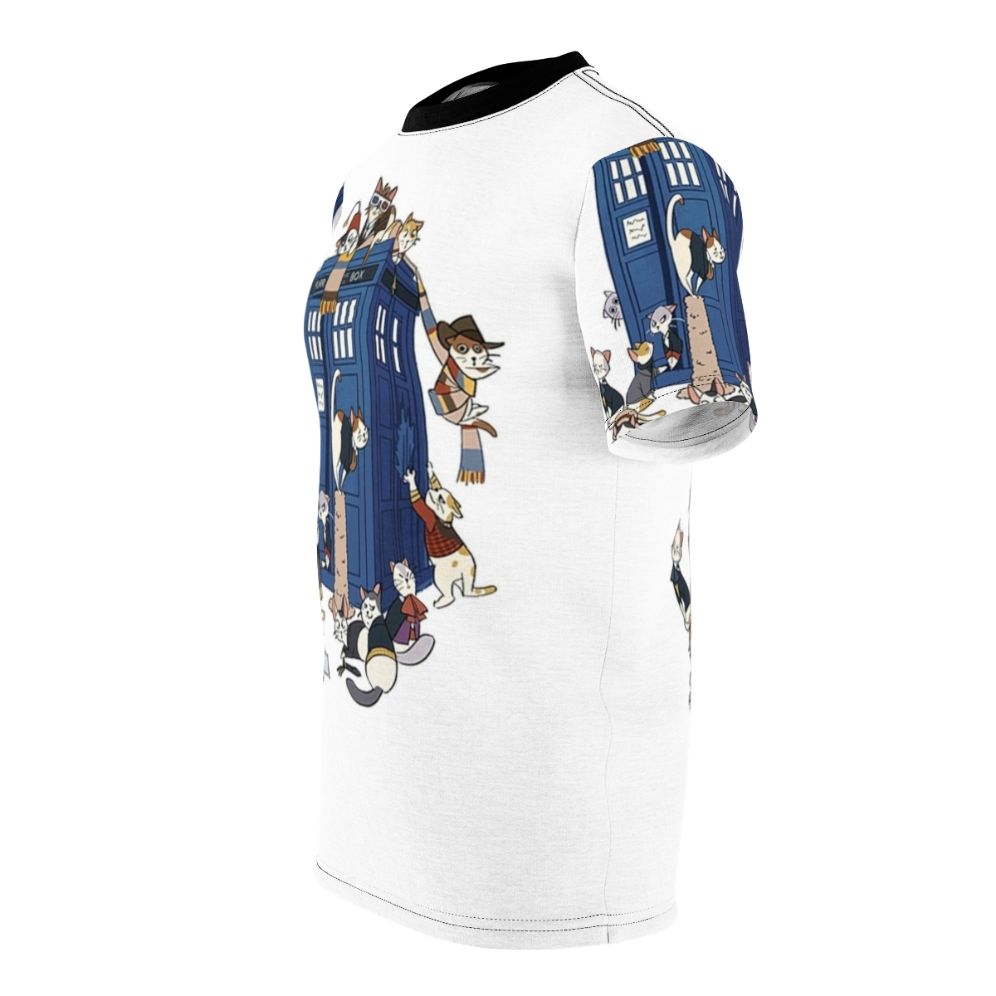 Whimsical t-shirt design featuring a cat dressed as the iconic Time Lord from the Doctor Who series - men left