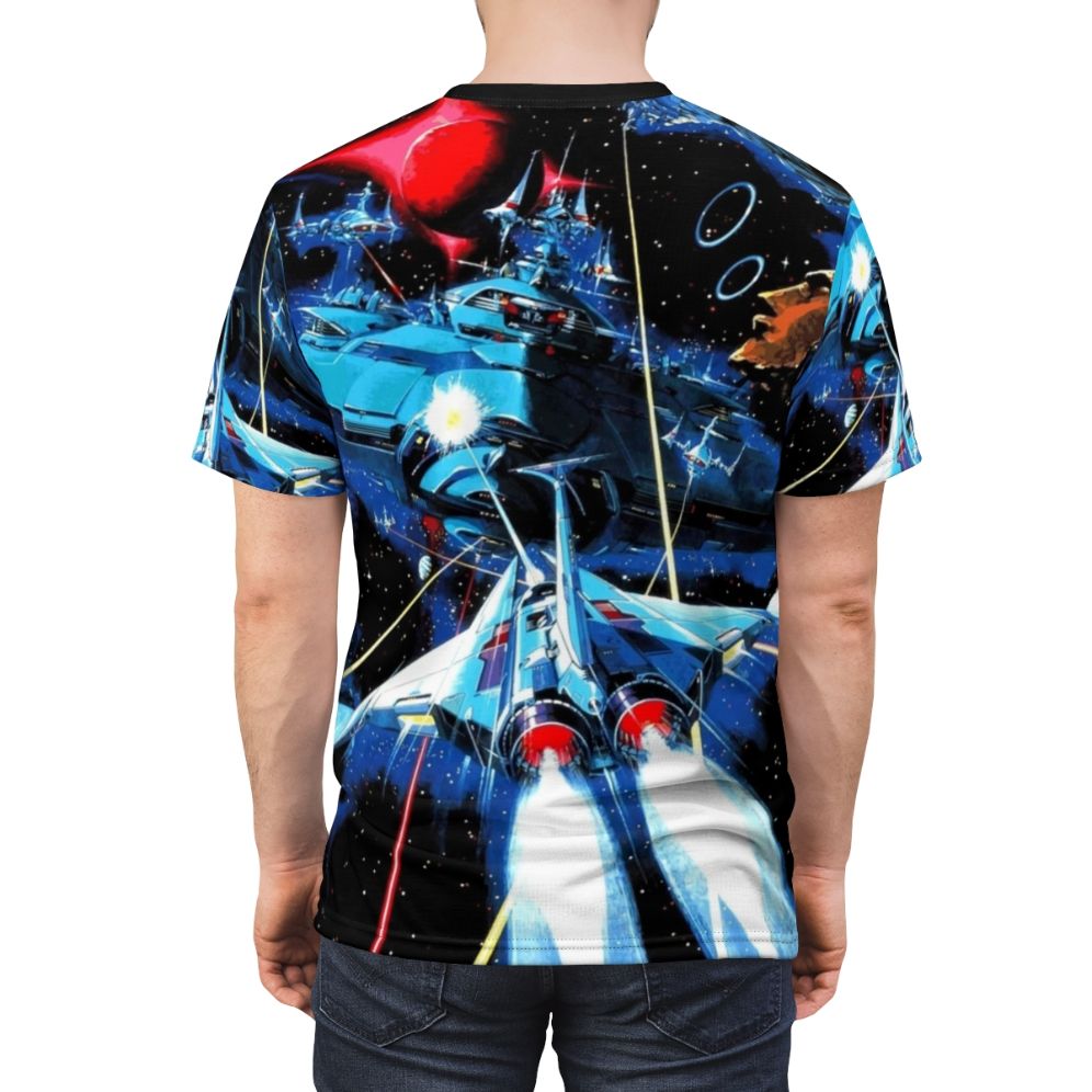 Retro gaming t-shirt featuring pixelated spaceship from the classic shoot 'em up arcade game Gradius. - men back