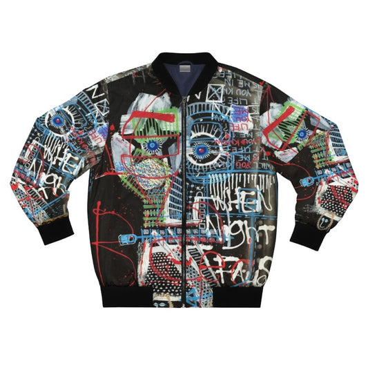 Contemplating Bomber Jacket - An abstract, neo-expressionist design featuring a face and words by mijumi art