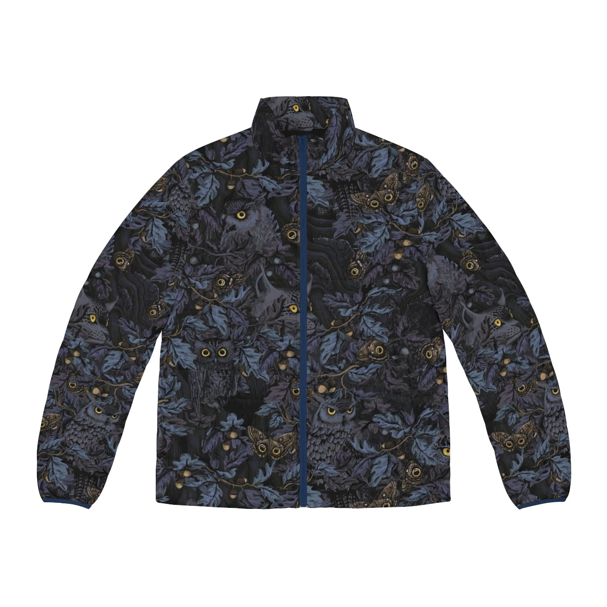 Model wearing a moonlight blue puffer jacket with a stylish camouflage pattern