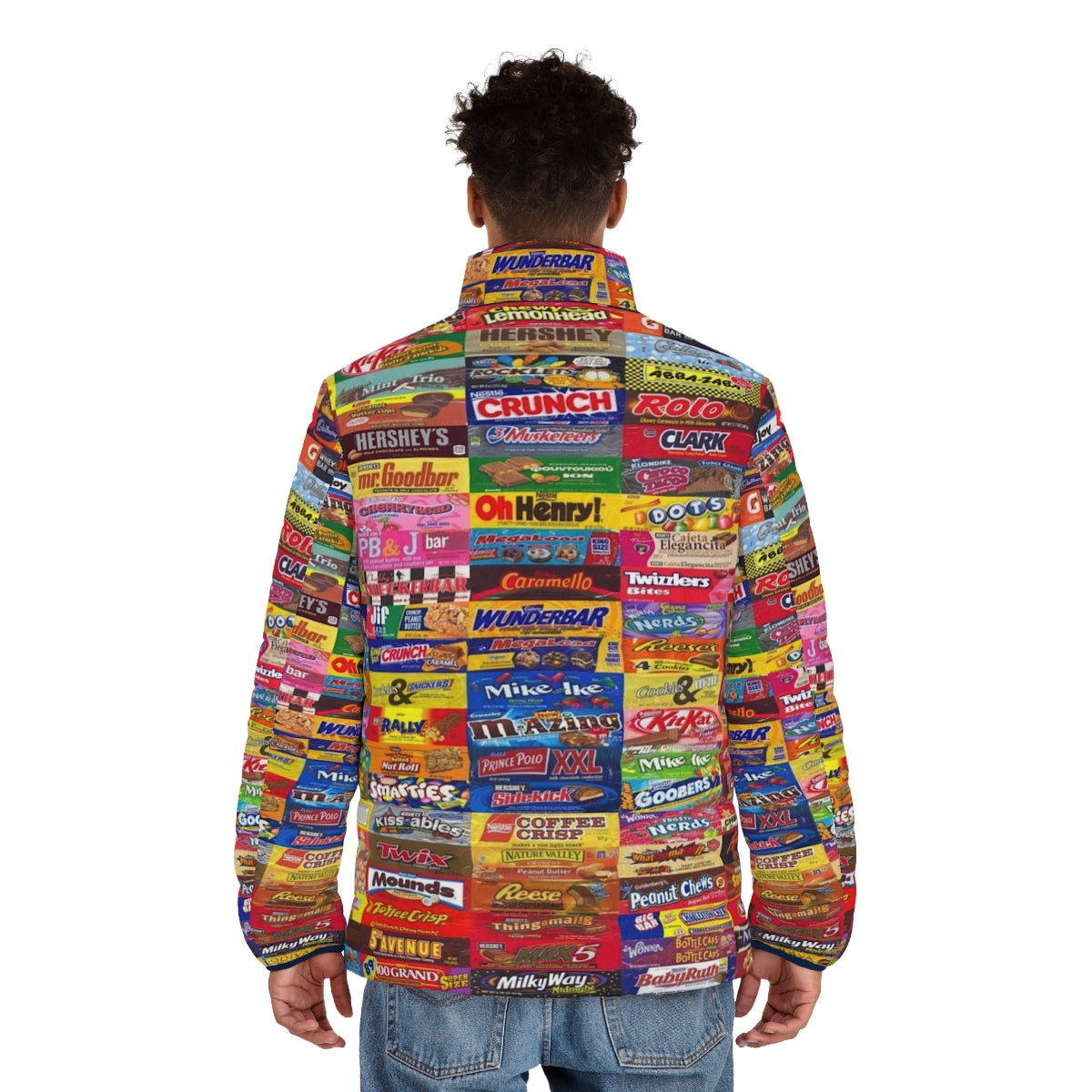 Colorful candy wrapper puffer jacket with a vibrant and unique design - men back