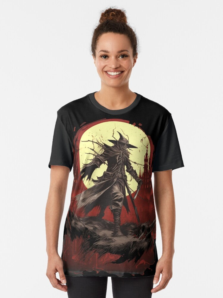 Bloodborne eldritch horror-inspired graphic t-shirt with dark fantasy design elements - Women