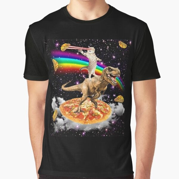 Galaxy Laser Cat on Dinosaur on Pizza Graphic T-Shirt