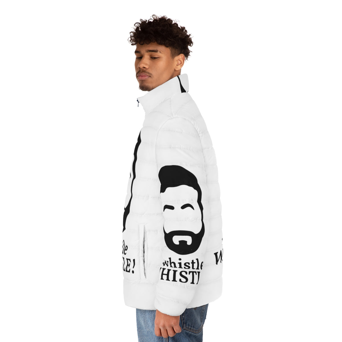 Ted Lasso Puffer Jacket featuring the nonbinary pride flag and "Believe" message - men side left