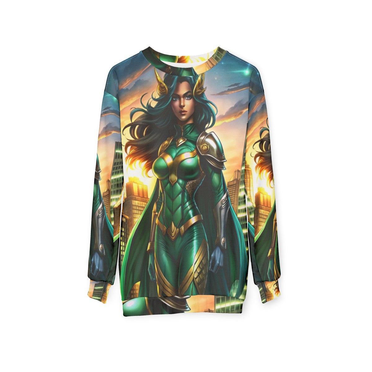 Empowered superhero woman in emerald armor standing in front of city skyline - hanging