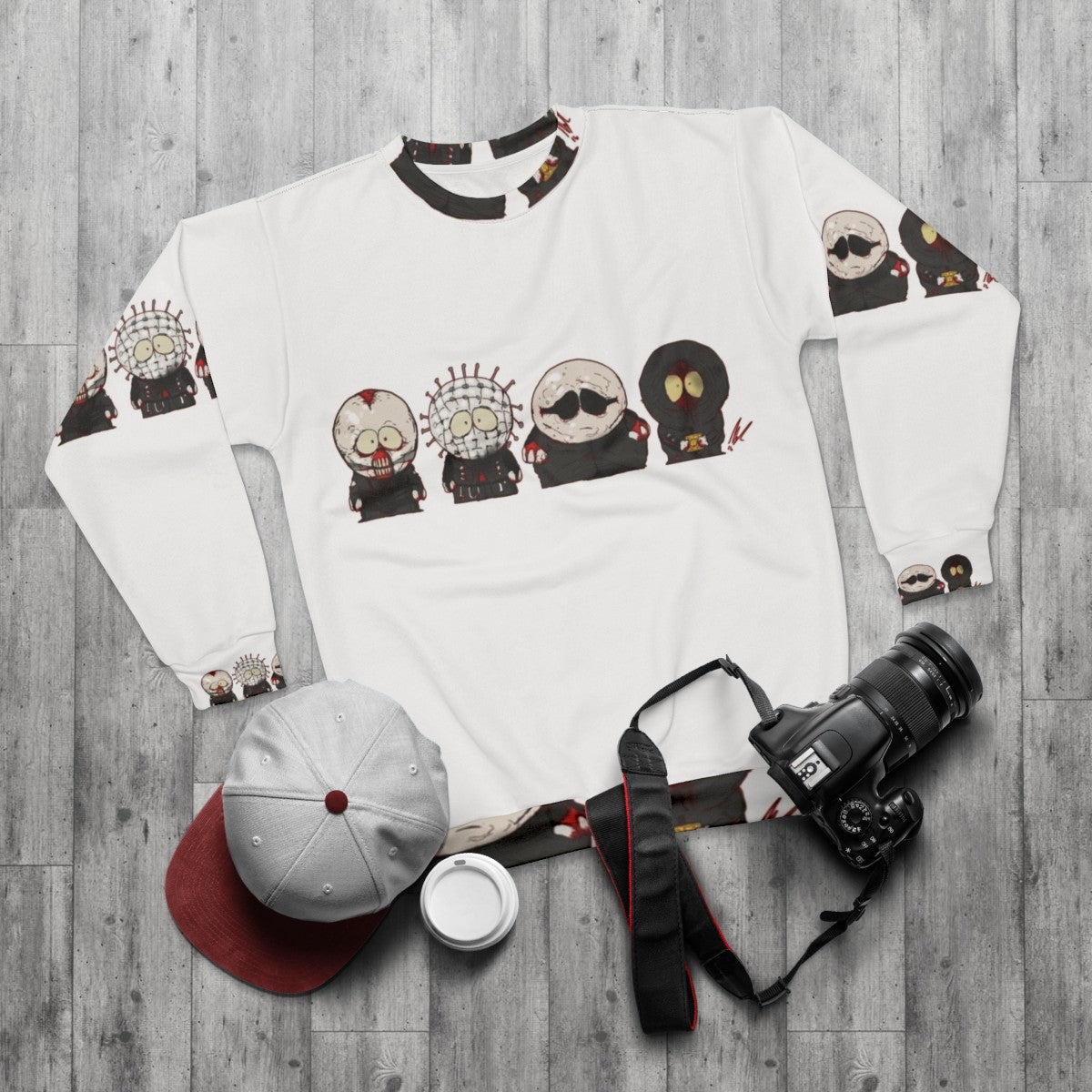 Helldudes Sweatshirt with South Park horror and Hellraiser inspired design - flat lay