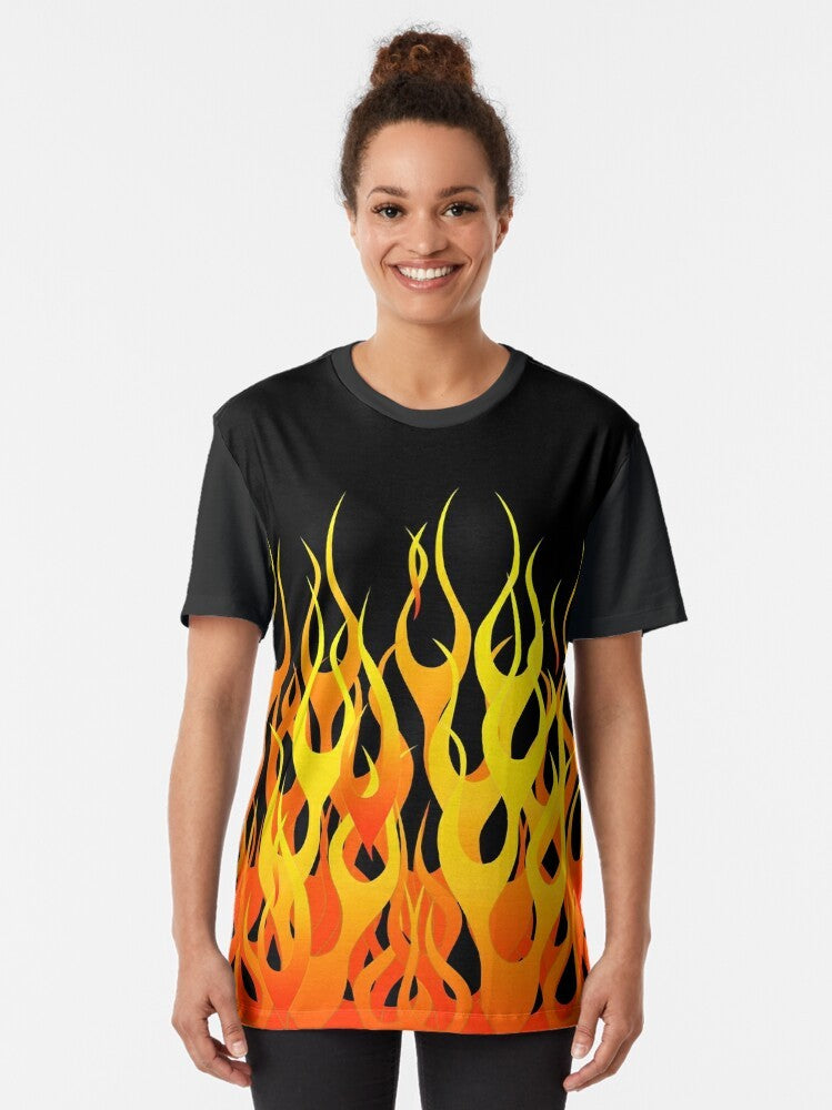 A high-quality graphic t-shirt featuring a dynamic racing flames design, perfect for car enthusiasts and motorsport fans. - Women