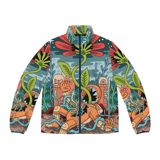 Puffer jacket with cosmic and nature-inspired design