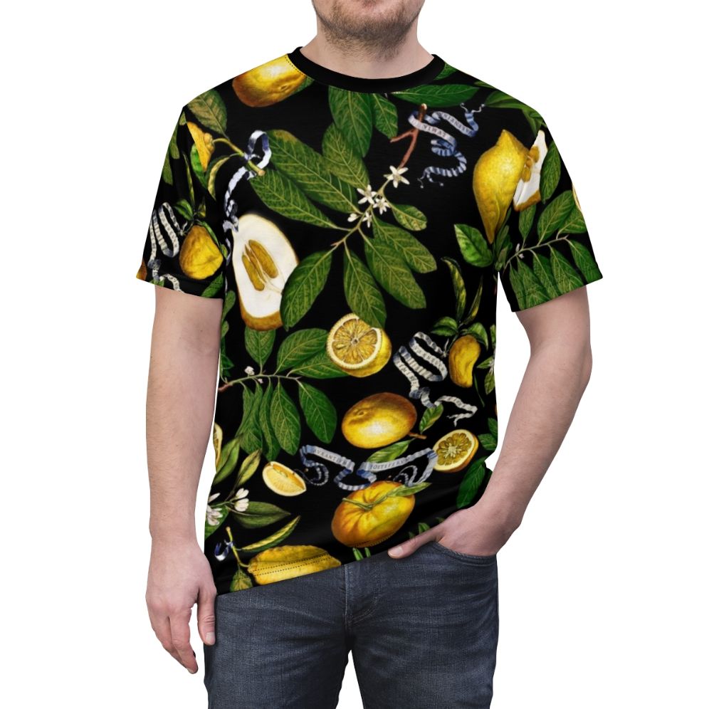 A stylish t-shirt featuring a vibrant lemon tree botanical design with tropical leaves and foliage. - men front