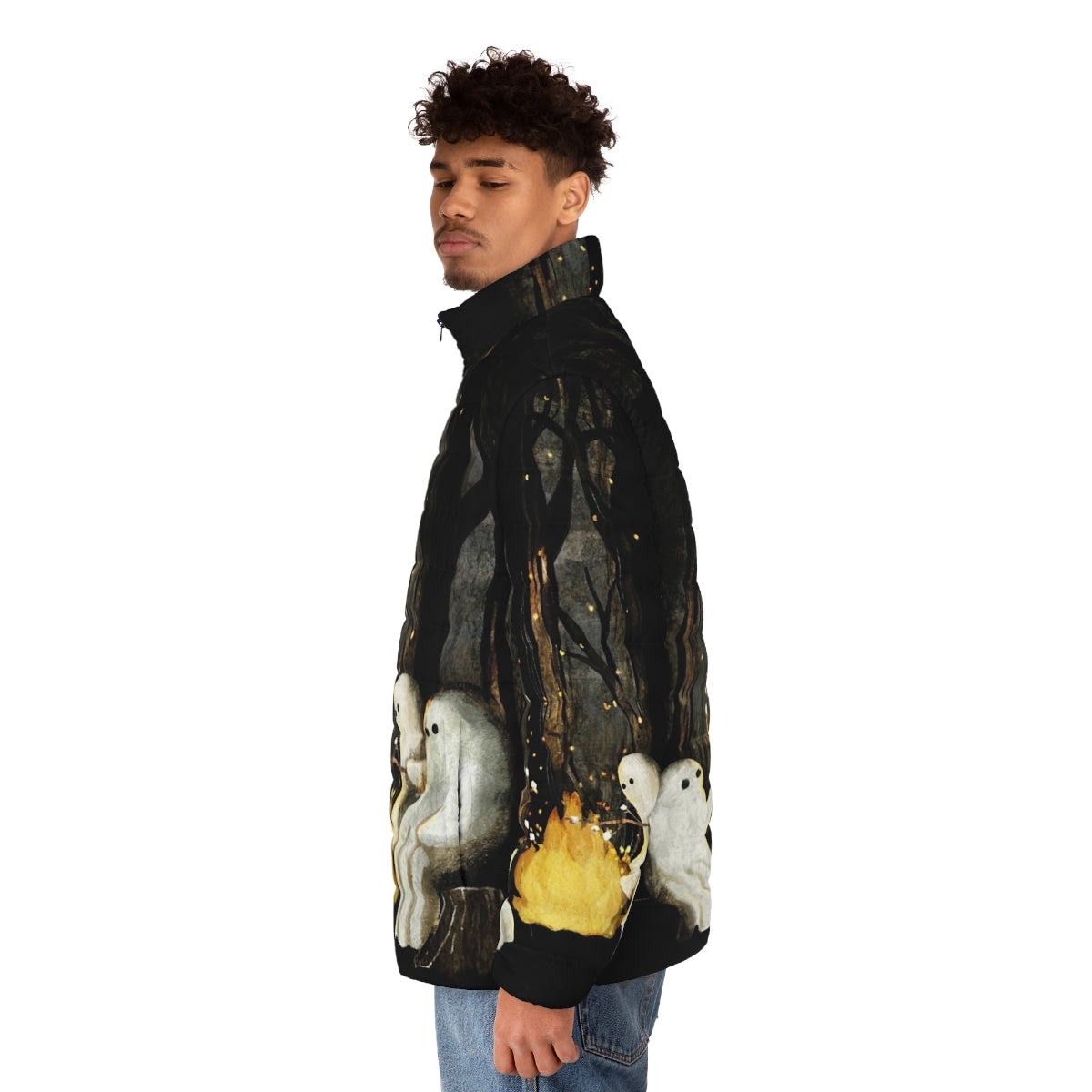 A cozy and whimsical puffer jacket featuring marshmallows and ghost stories for a spooky campfire experience - men side left