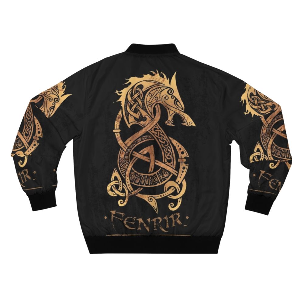 Fenrir, the Nordic monster wolf, featured on a bomber jacket with runes and knot designs - Back