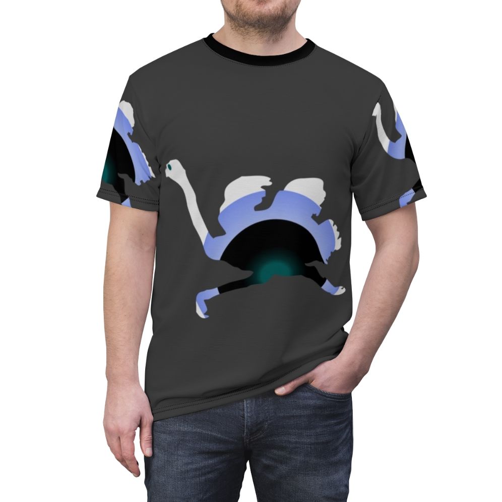 Colorful and abstract t-shirt design featuring an ostrich as a legendary animal - men front