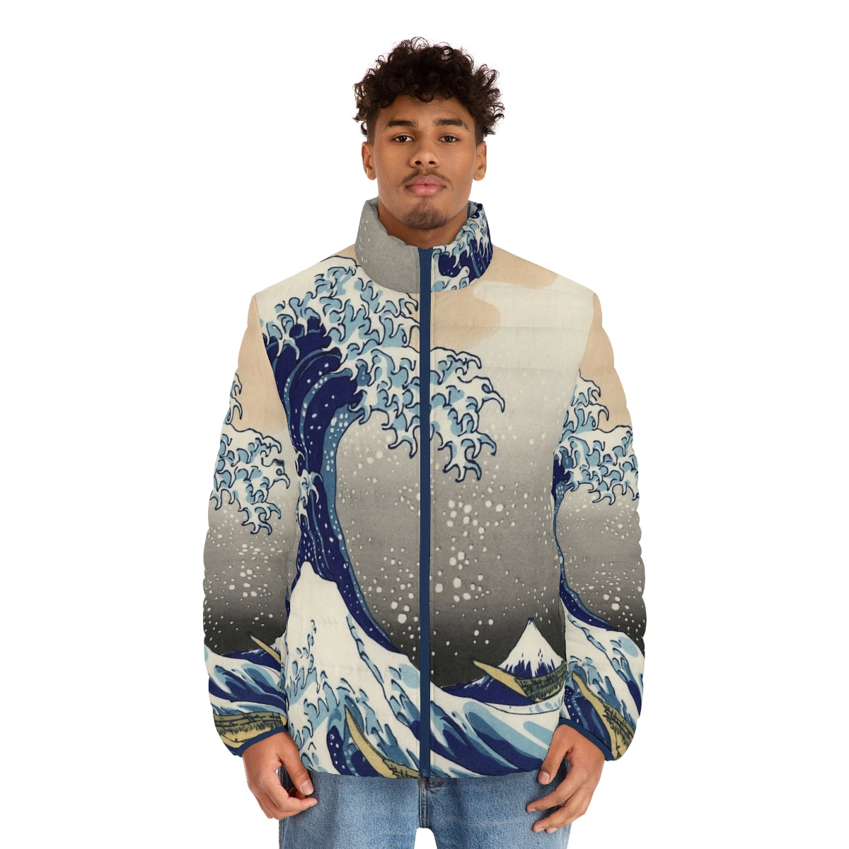 Person wearing a black puffer jacket with the famous 'Great Wave off Kanagawa' design by Hokusai - men front