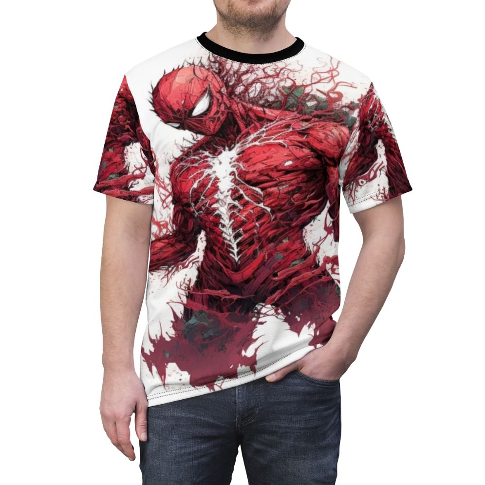 Vivid abstract t-shirt design featuring artistic elements like sketches, digital art, and mixed media - men front