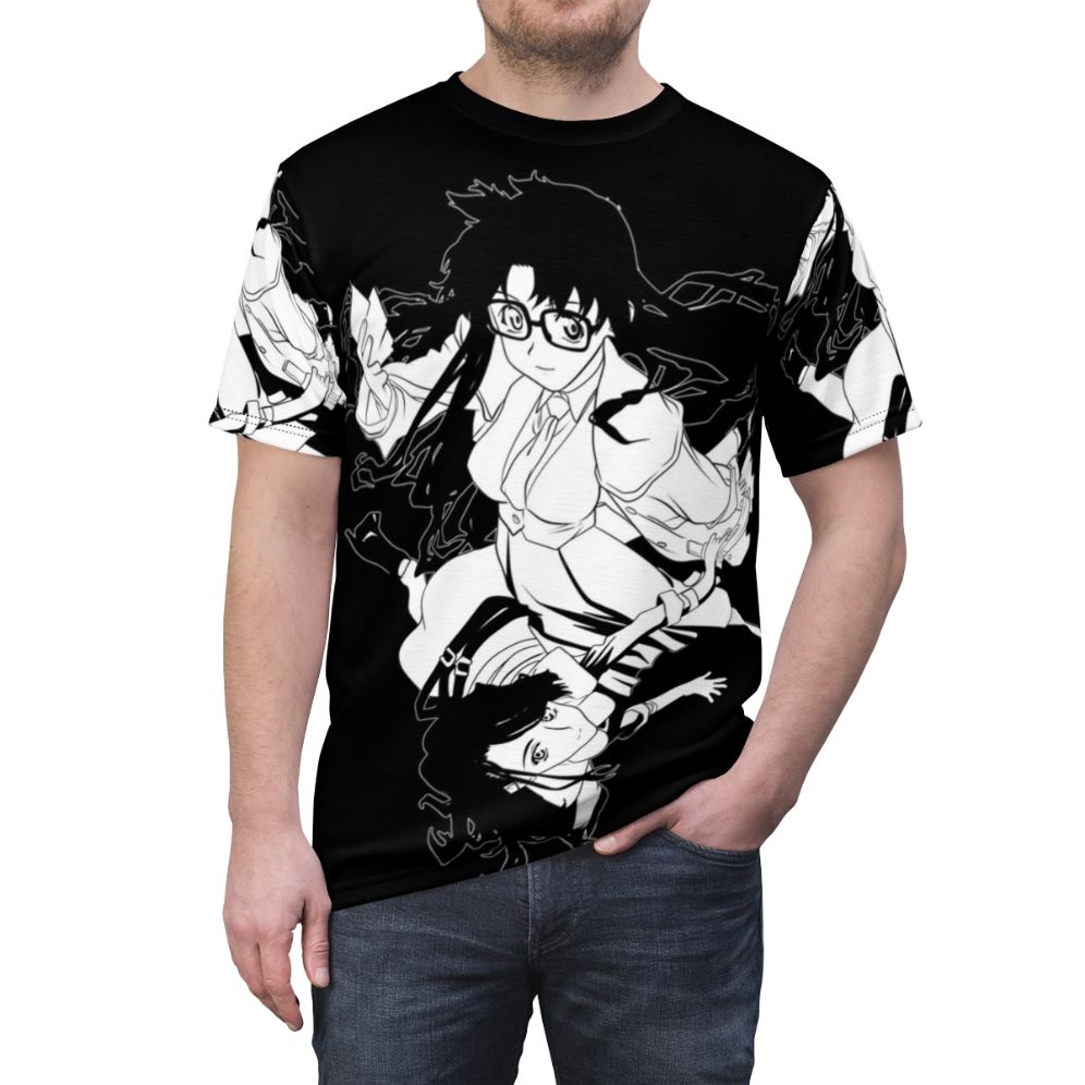 Retro Read or Die inspired t-shirt featuring Yomiko Readman and Nenene Sumiregawa, popular characters from the 90s anime series - men front