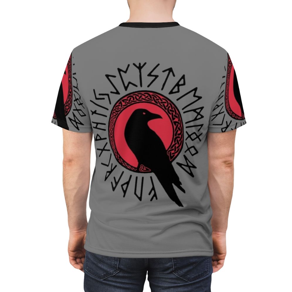 Viking raven graphic on a black and red t-shirt with futhark runes and celtic knot design - men back