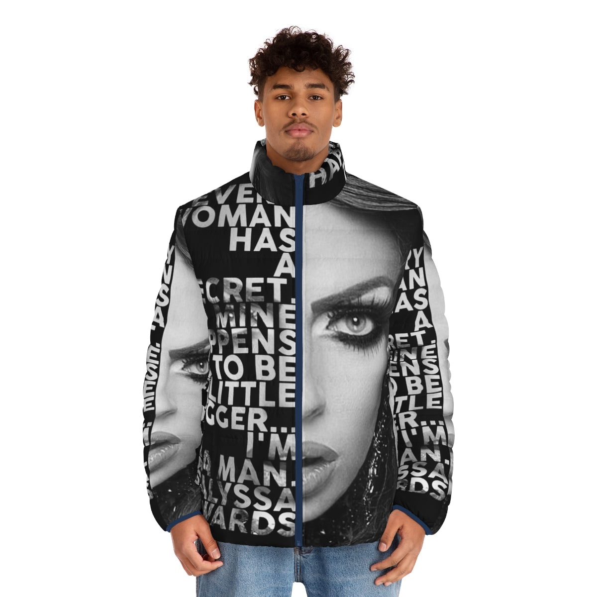 Alyssa Edwards text portrait printed on a black and white puffer jacket - men front