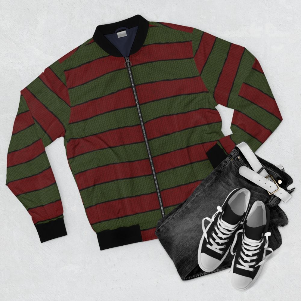 Freddy Krueger inspired knit bomber jacket with red and green stripes - Flat lay