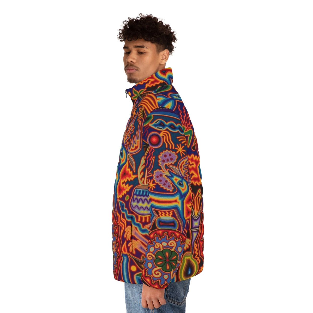 Colorful Huichol puffer jacket with abstract floral and skull designs - men side left