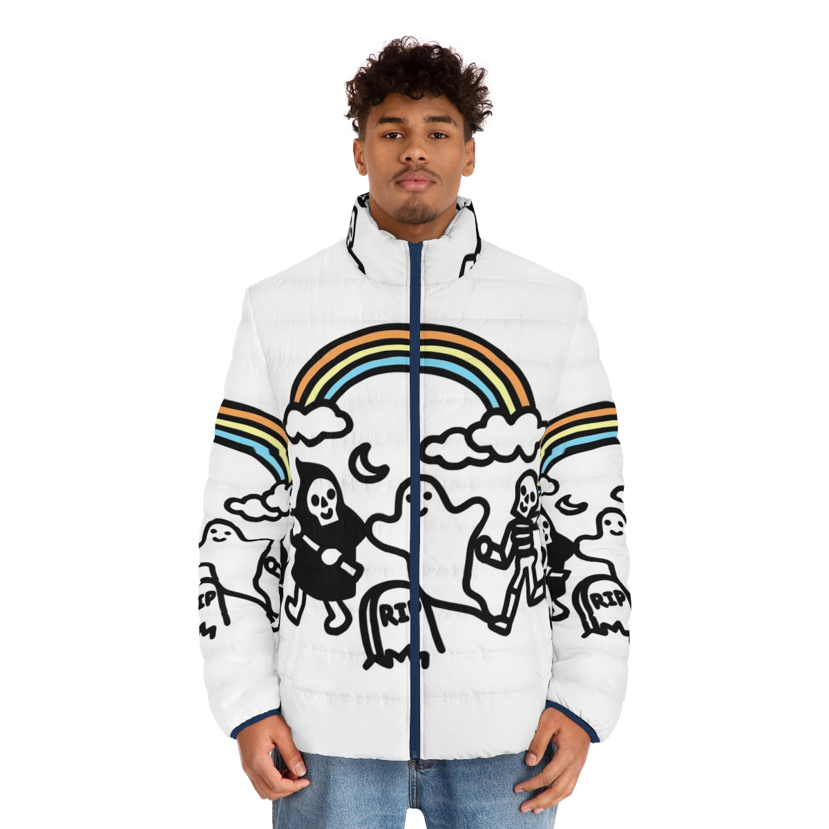 Spooky puffer jacket with skulls, ghosts, and rainbows - men front