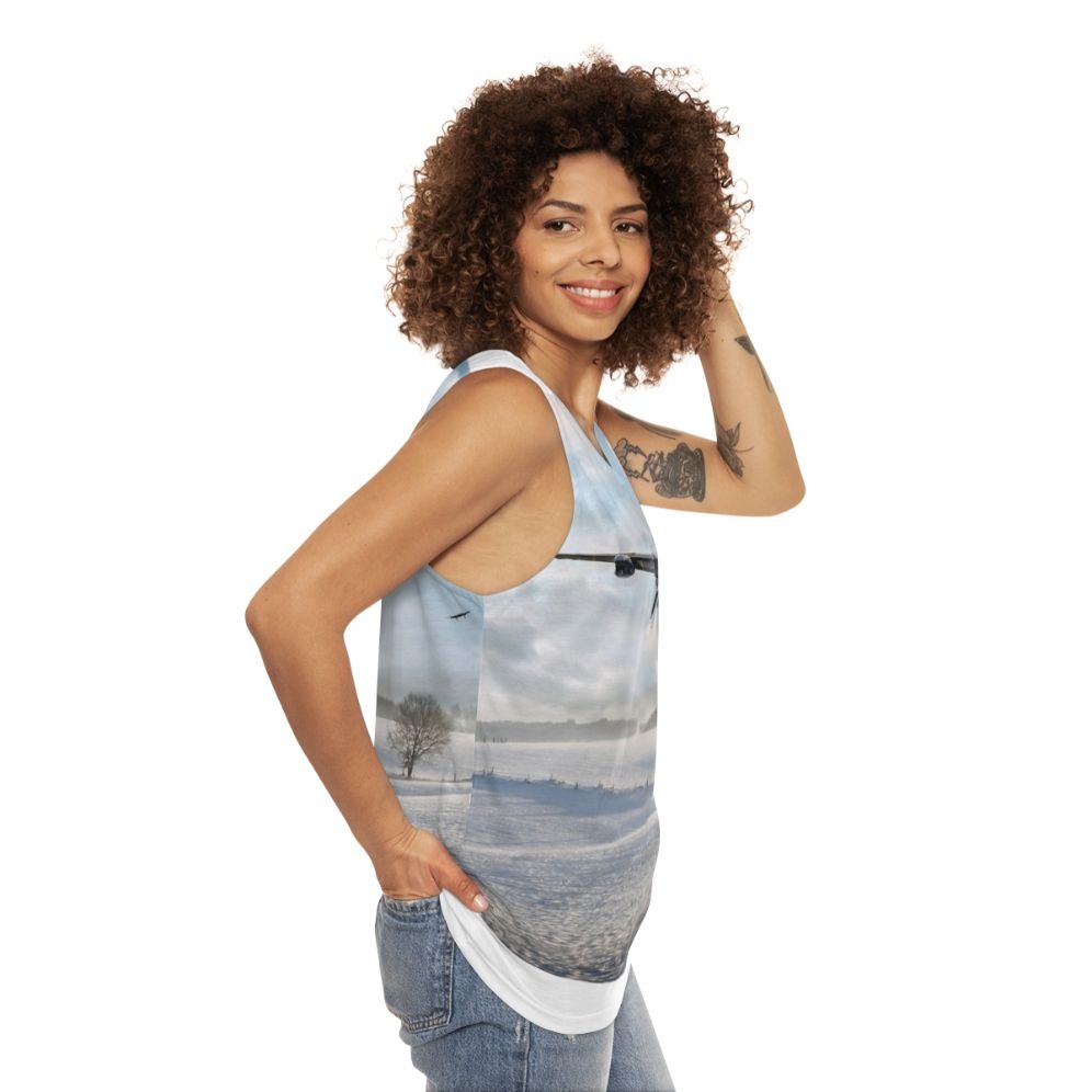 Unisex tank top featuring a Lancaster bomber in a snowy winter scene - women side