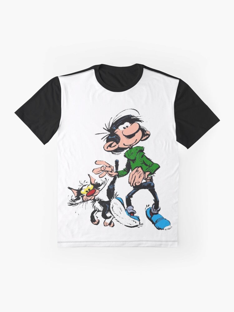 Gaston Lagaffe, the famous character from the Belgian comic series, featured on a graphic t-shirt - Flat lay