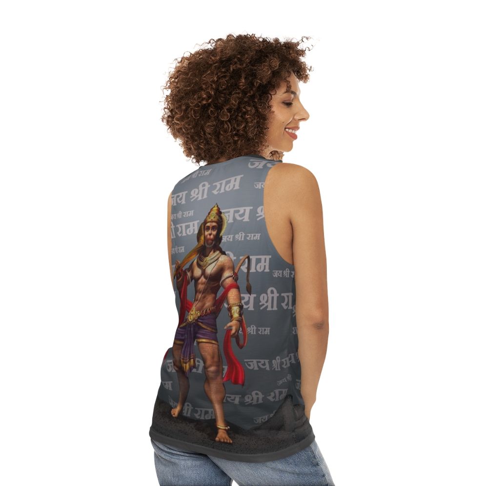 Unisex tank top with Lord Hanuman and Jai Sri Ram design - women back