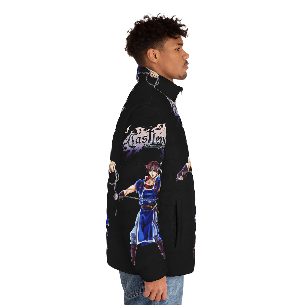 Castlevania Puffer Jacket featuring Alucard, Belmont, and Sypha character designs - men side right