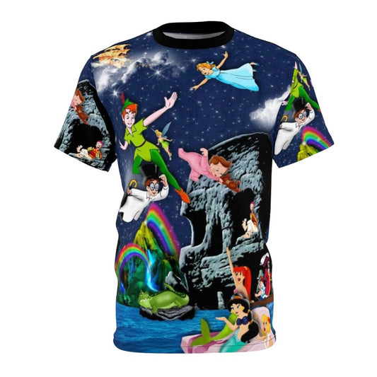 Neverland Adventure T-Shirt with Peter Pan, pirates, galleon, and skull design