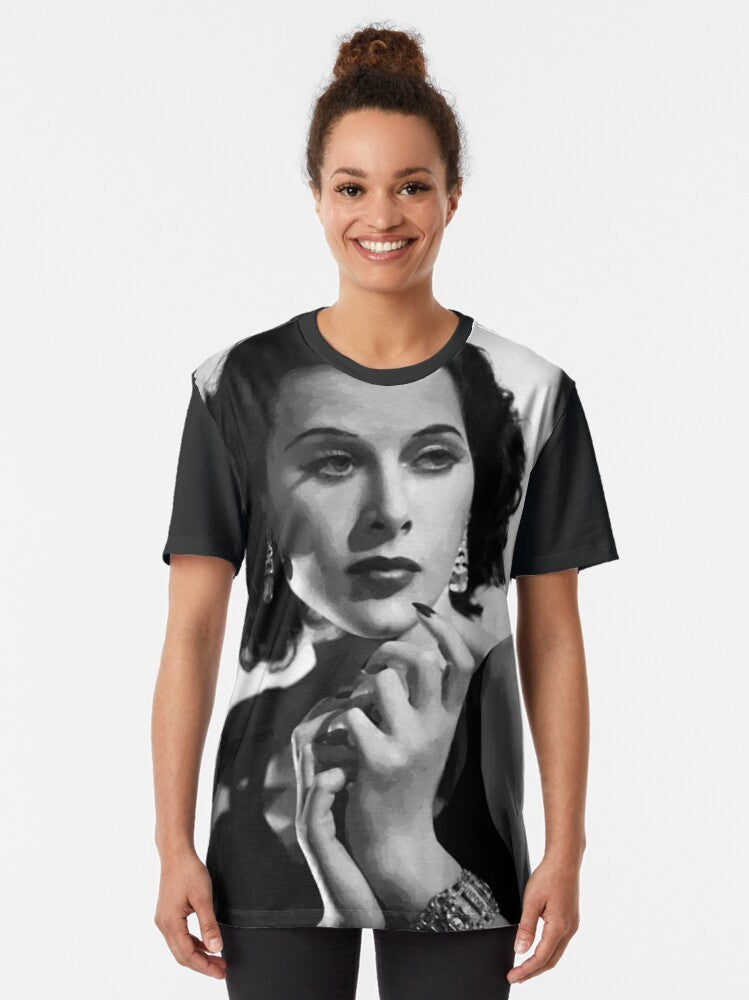 Vintage graphic t-shirt featuring a portrait of legendary actress and inventor Hedy Lamarr in an oil painting style. - Women