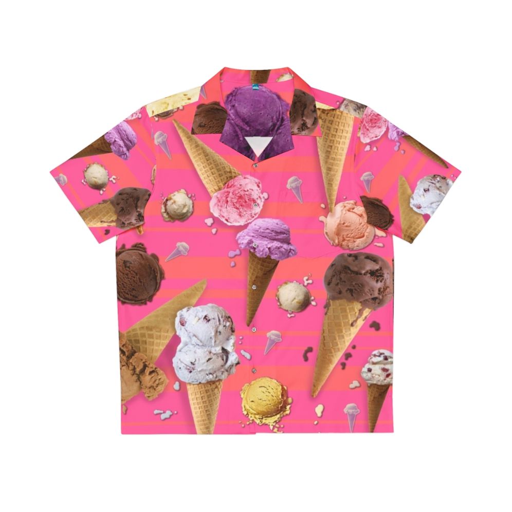 Colorful Hawaiian shirt featuring a repeating pattern of melting ice cream scoops and cones