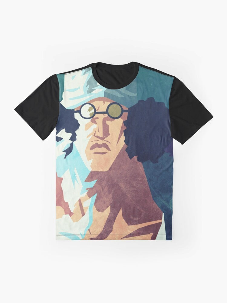 Aokiji, the ice admiral from the anime One Piece, featured on a graphic t-shirt design. - Flat lay