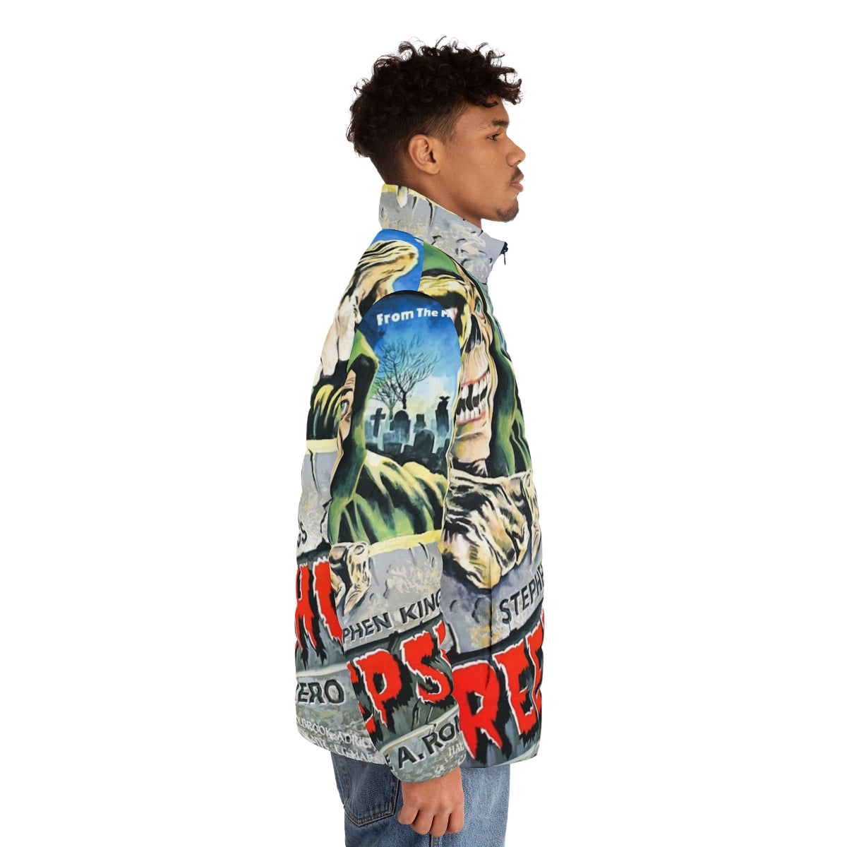 Creepshow horror movie puffer jacket featuring spooky graphics and inspired by Stephen King stories - men side right