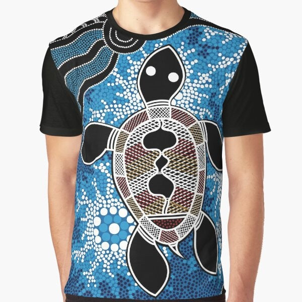 Authentic Aboriginal Art T-Shirt featuring a sea turtle design in the Dreamtime style