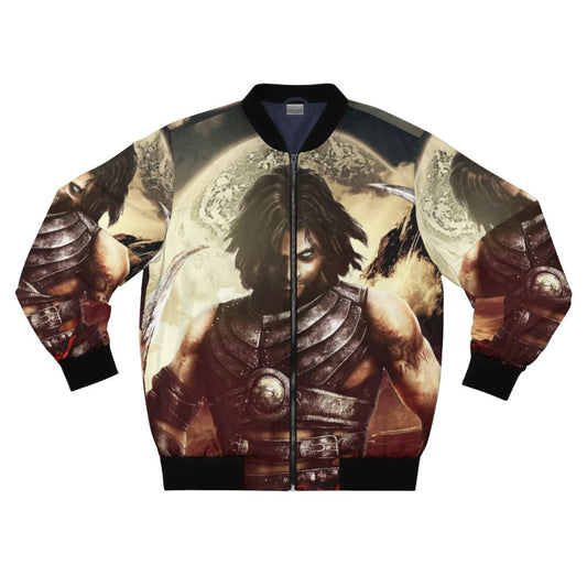 Prince of Persia fantasy-inspired bomber jacket with swords, landscapes, and the prince character