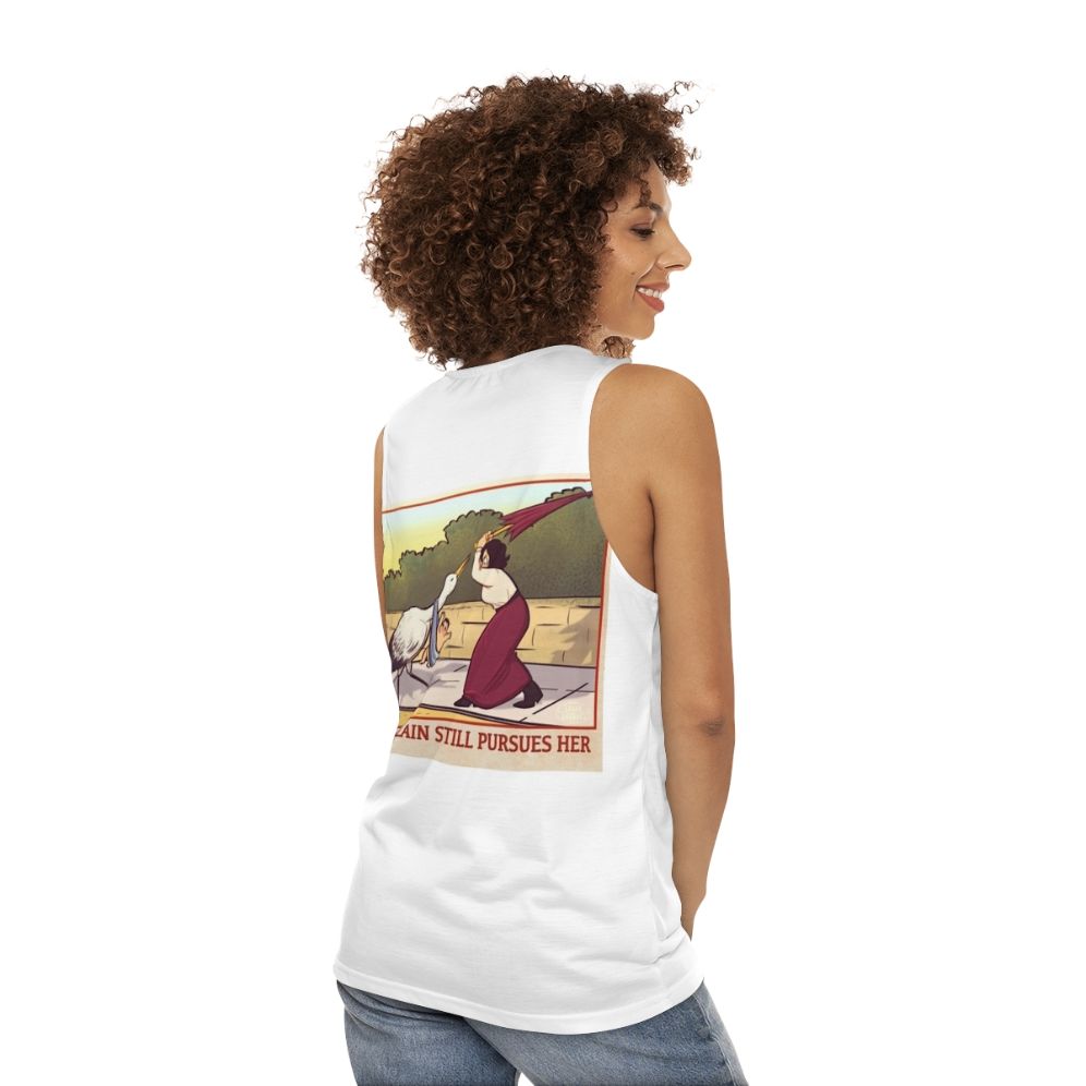 Anti-natalist feminist unisex tank top with parody design - women back