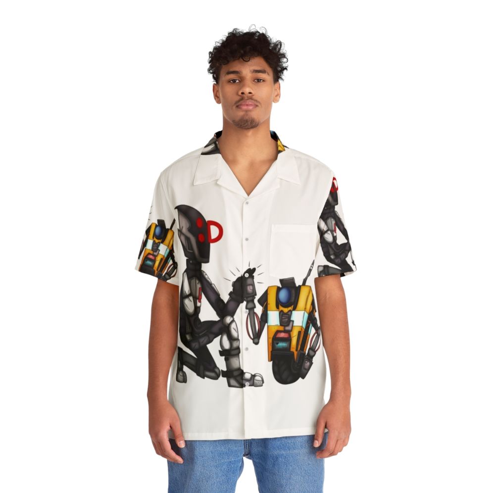 Borderlands High Five Hawaiian Shirt with Zer0 and Claptrap graphics - People Front