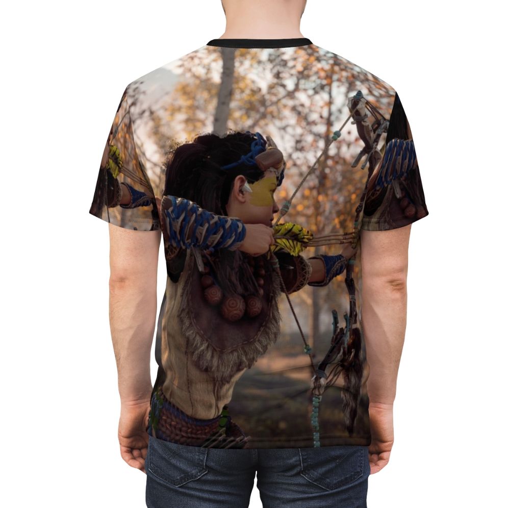 A high-quality t-shirt featuring a digital illustration of the character Aloy from the popular video game Horizon Zero Dawn, wielding a bow and arrow. - men back