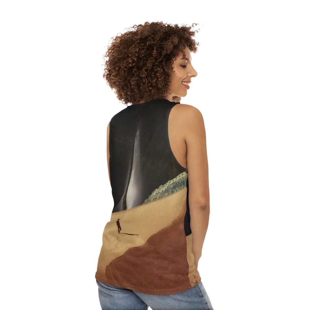 Retro collage design tank top depicting a dreamy desert landscape with stars and space elements - women back