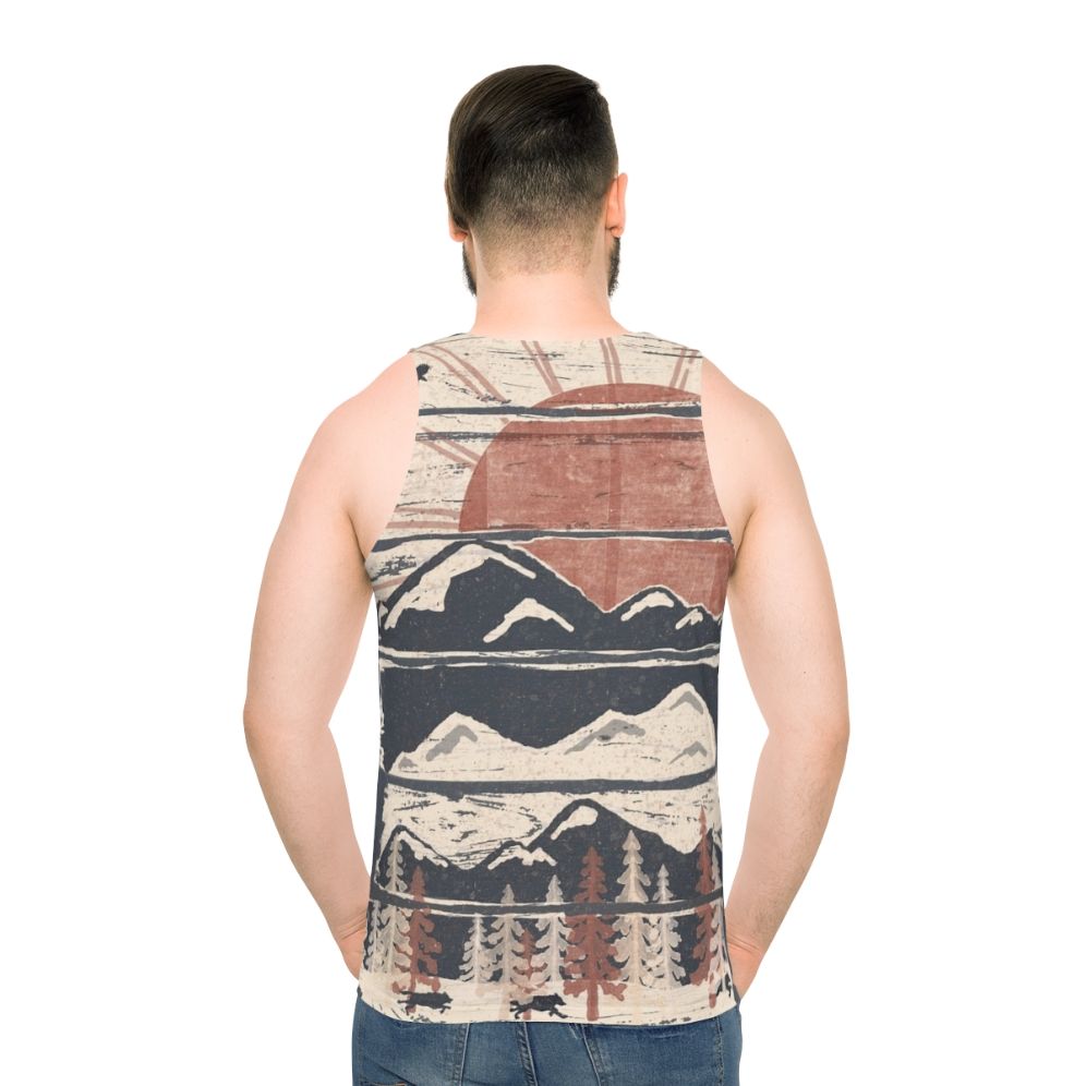 Unisex winter adventure tank top with nature and wildlife graphics - men back