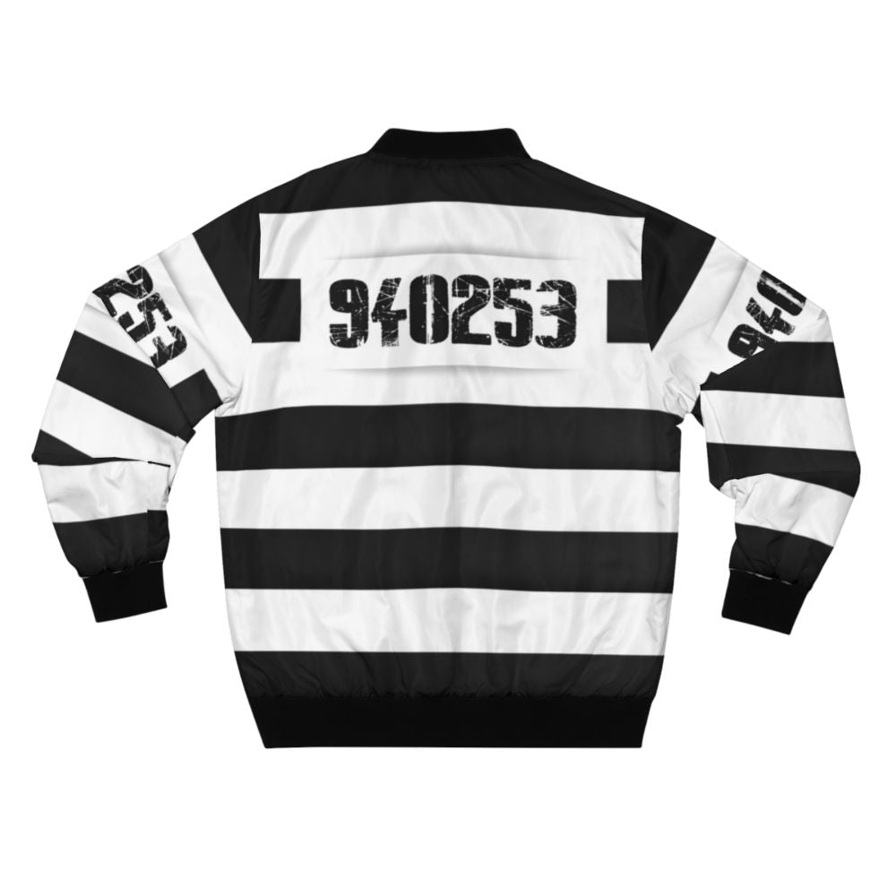 Prison stripes bomber jacket, a funny Halloween costume for inmates and bad guys. - Back