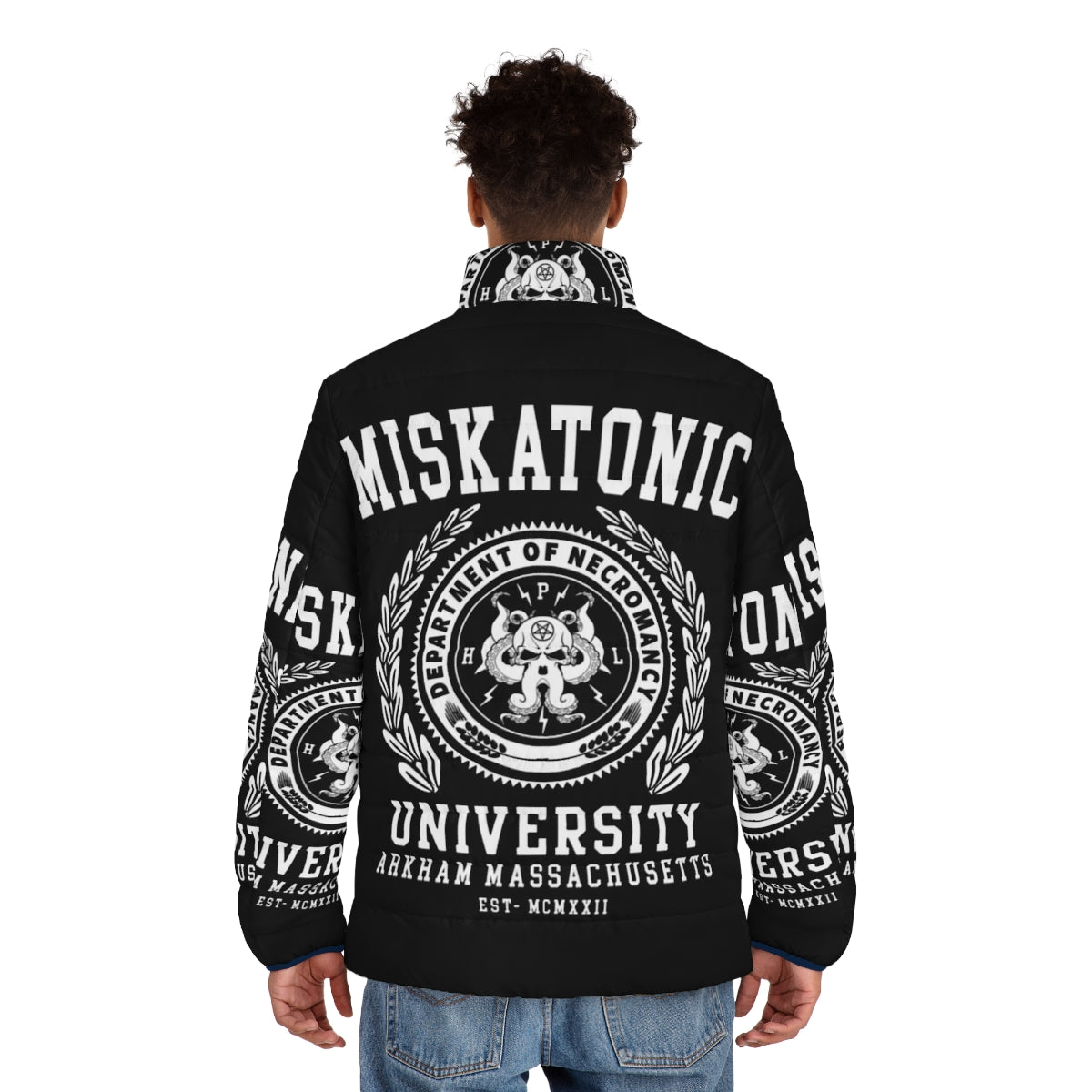 Cthulhu-themed puffer jacket featuring Miskatonic University and Lovecraft horror references - men back