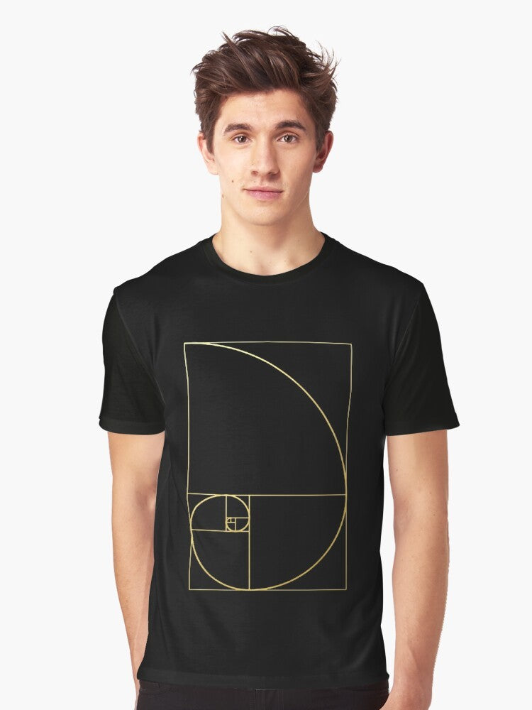 Fibonacci spiral and golden ratio geometric design on a t-shirt - Men