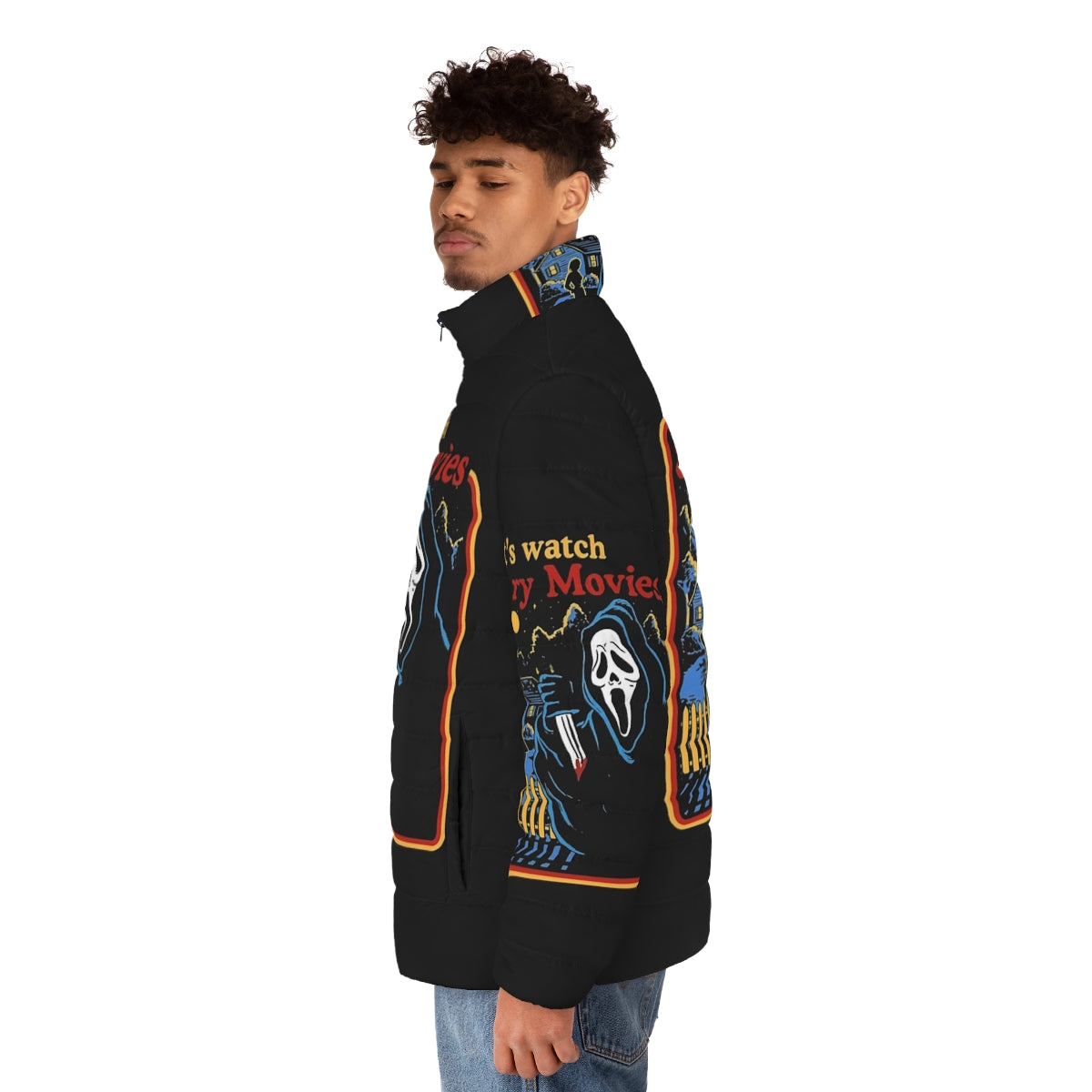 Scary horror puffer jacket with ghost design and "Let's Watch Scary Movies" text - men side left