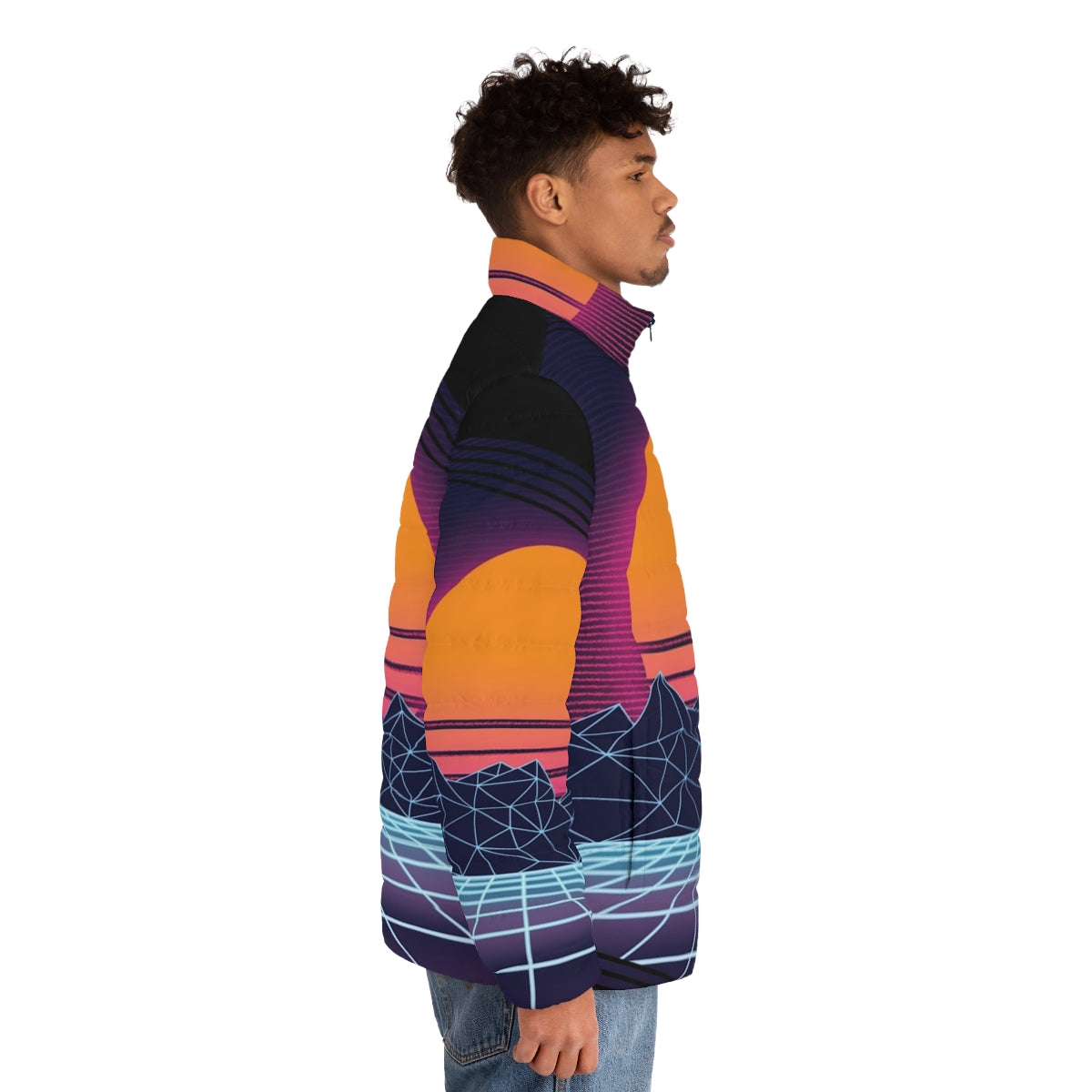 Outrun sunset puffer jacket with retro 80s cyberpunk aesthetic - men side right