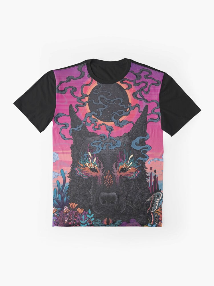 A graphic t-shirt featuring a psychedelic, surreal design of a dog in nature with neon colors and floral elements. - Flat lay