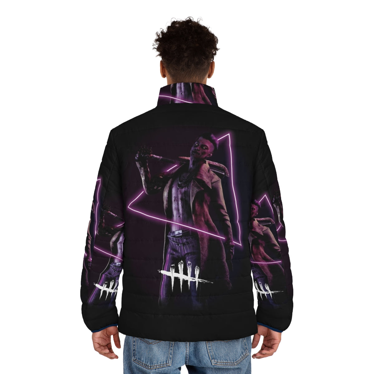 Dark neon puffer jacket with Trickster inspired design, perfect for deadbydaylight fans and gamers - men back