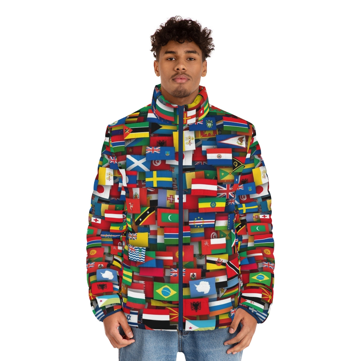 Flags of the world puffer jacket with vibrant national flag patterns - men front