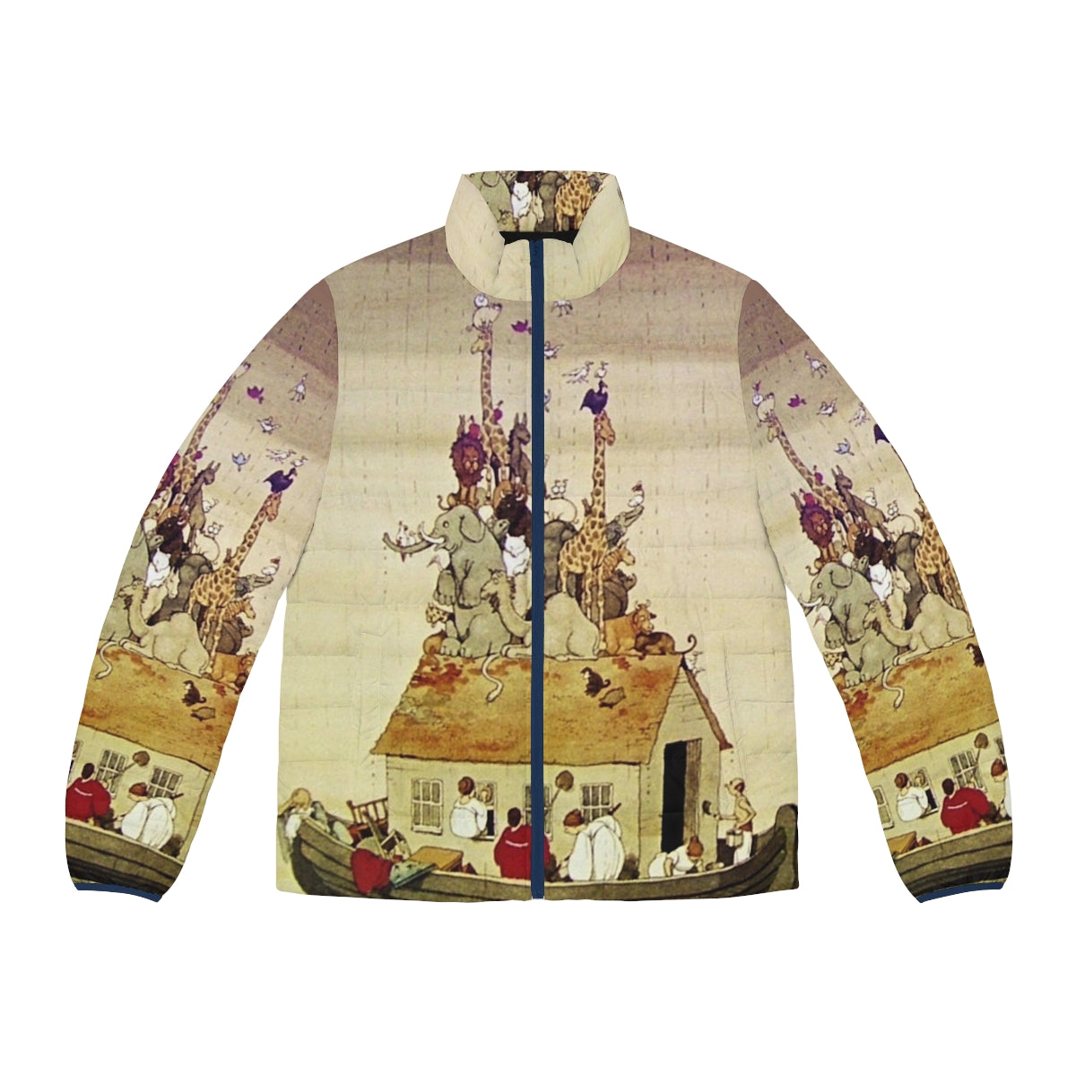 Puffer jacket with a whimsical illustration of Noah's Ark and animals by W. Heath Robinson